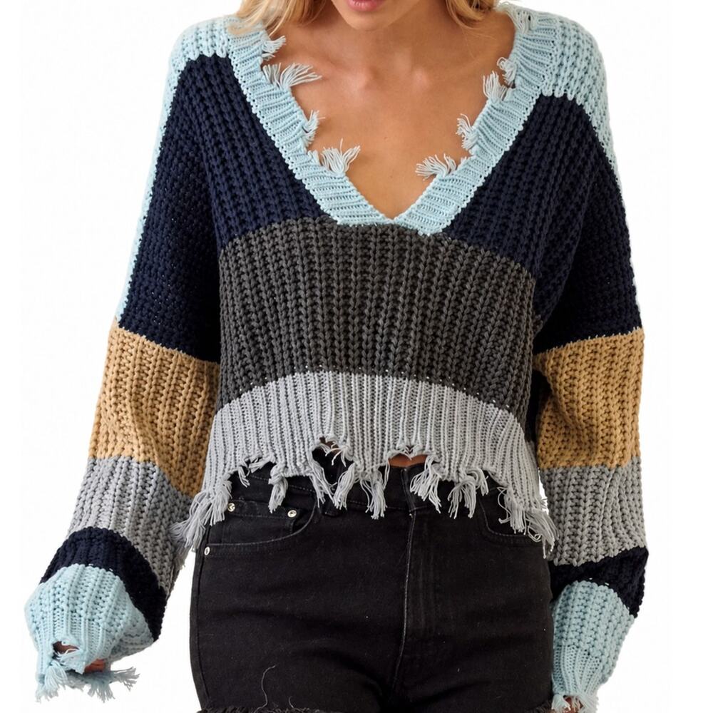 Storia Distressed Colorblock Crop Sweater Womens M Open Knit V Neck Fringe Boho